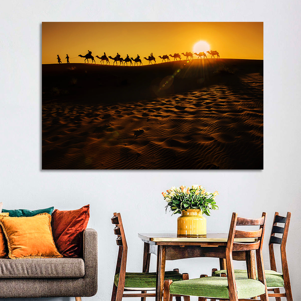 Camel Caravan Silhouette at Golden Sunset Wall Art