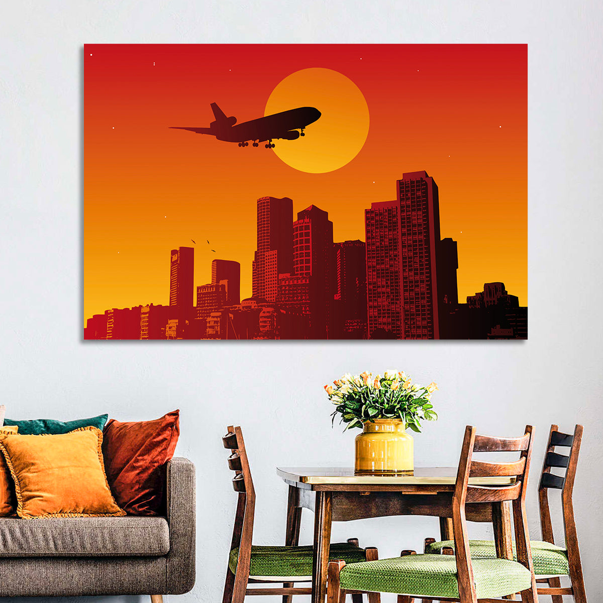 Tri Jet Sunset Skyline Wall Art in a room, landscape