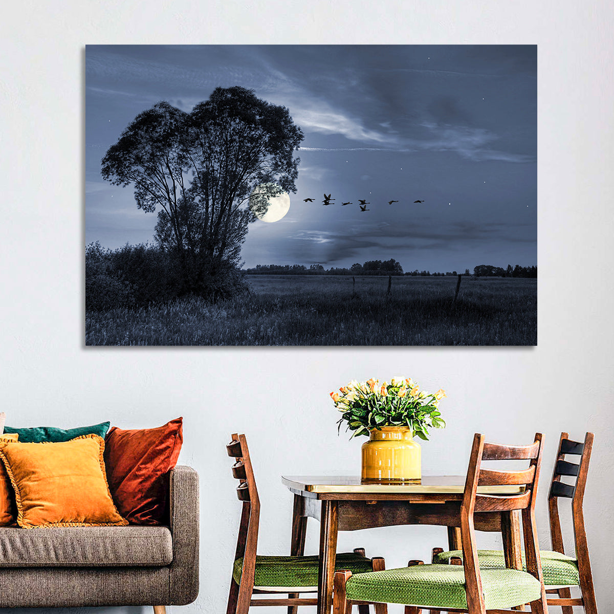 Moonlit Birds Over Quiet Field Wall Art