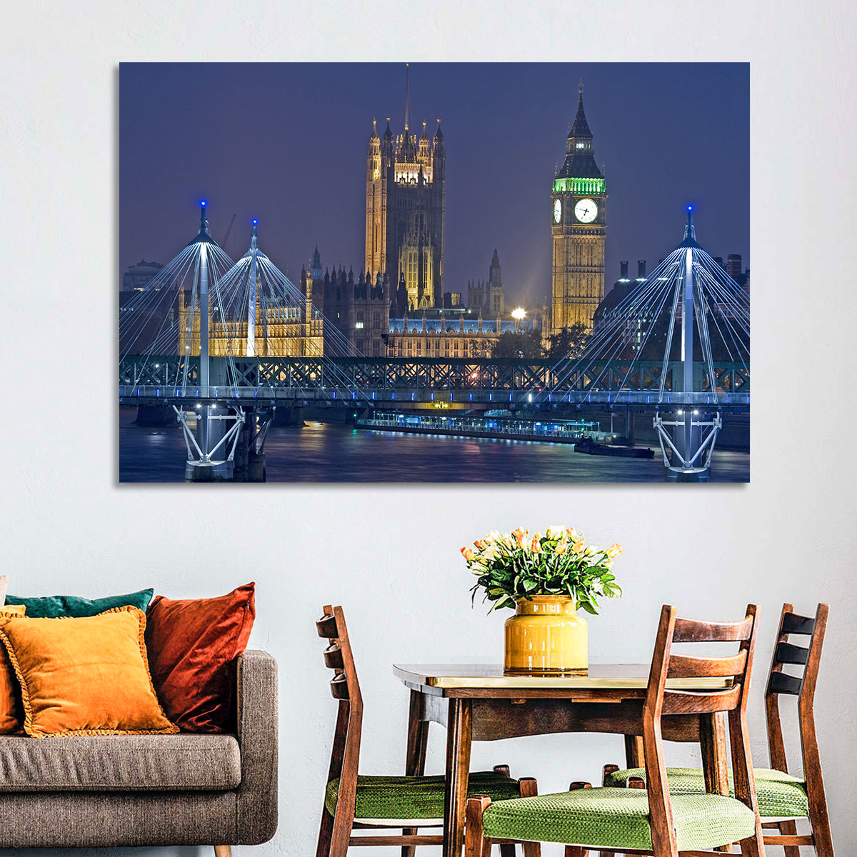 Big Ben Night Skyline Wall Art in a room, landscape