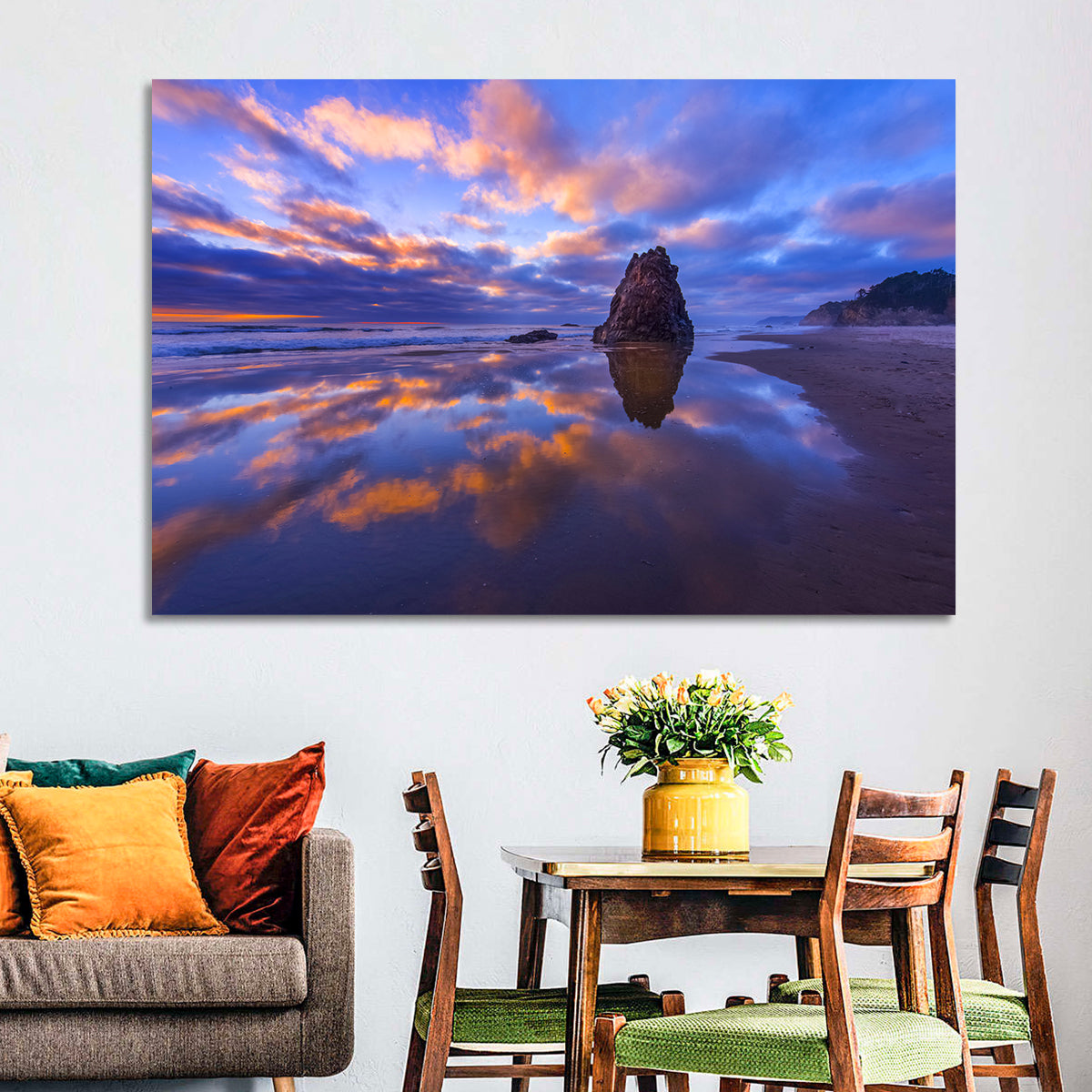 Oregon Coast Sea Stack Sunset Wall Art in a room, landscape