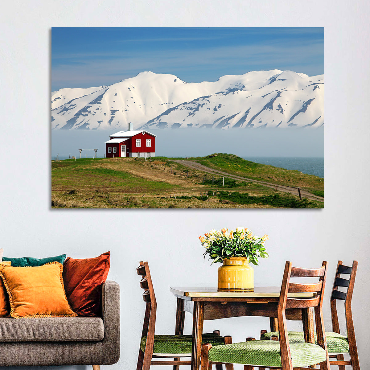 Red House by Fjord Wall Art in a room, landscape