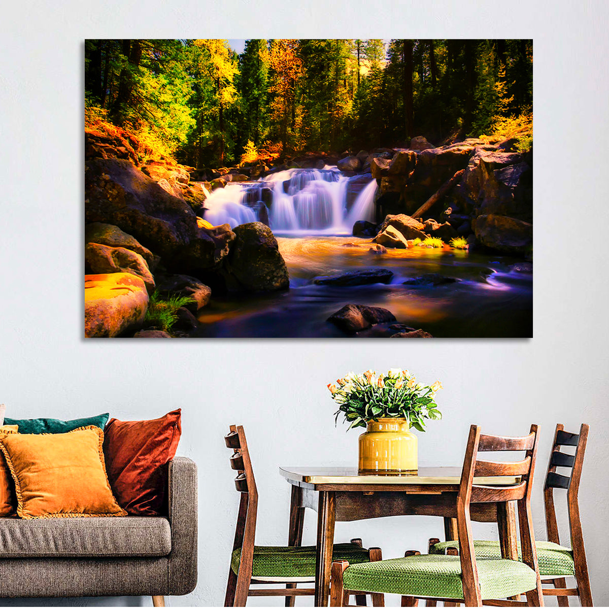 Autumn Mountain Waterfall Wall Art in a room, landscape