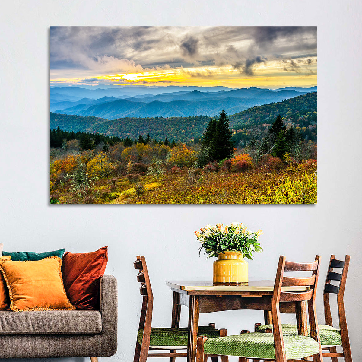 Cowee Mountains Sunset Wall Art in a room, landscape