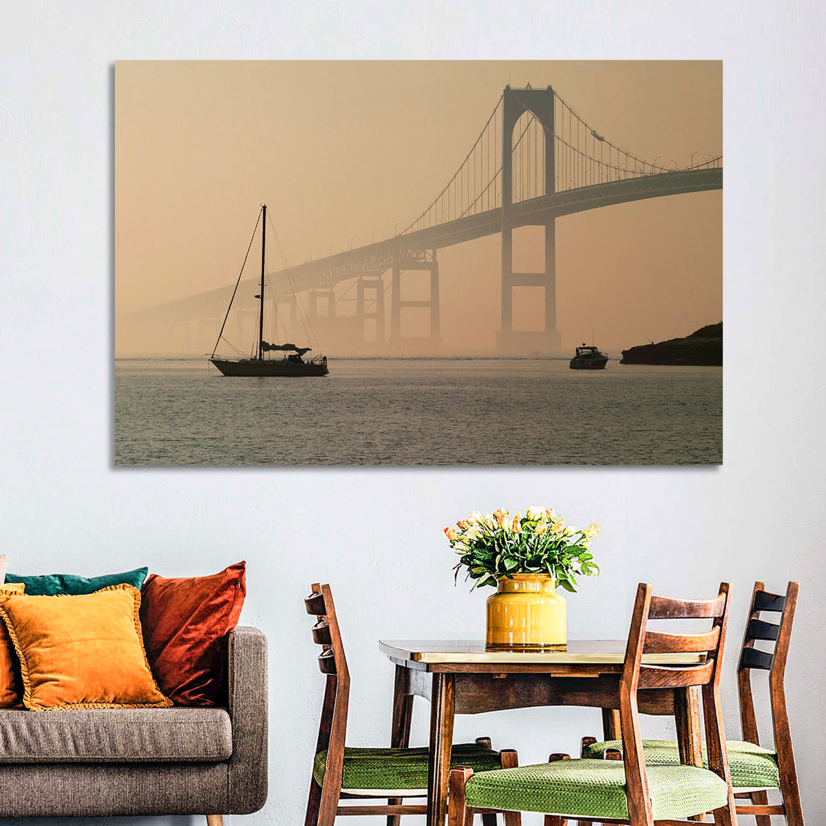 Newport Bridge in Golden Haze Wall Art in a room, landscape
