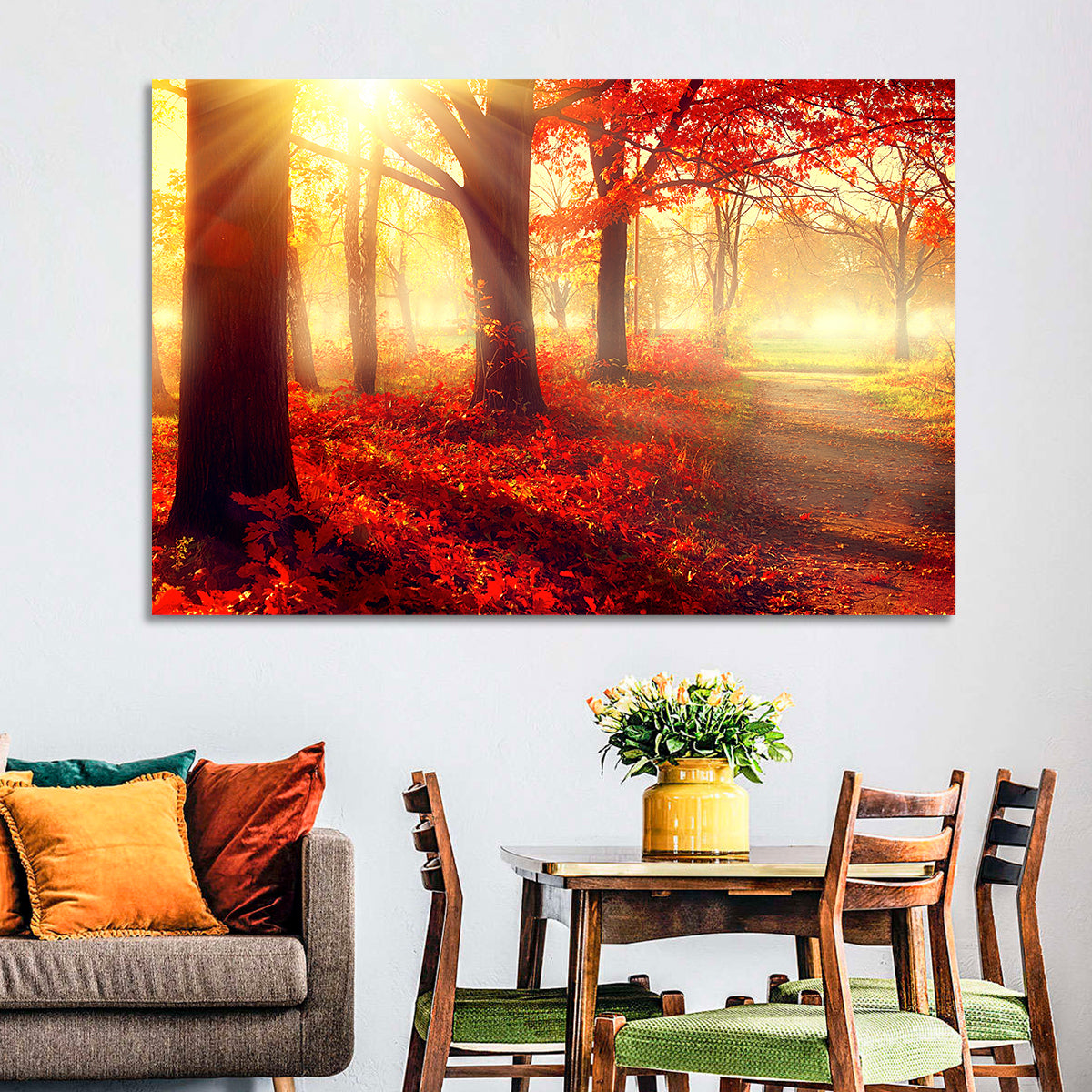 Sunlit Forest Path Wall Art in a room, landscape
