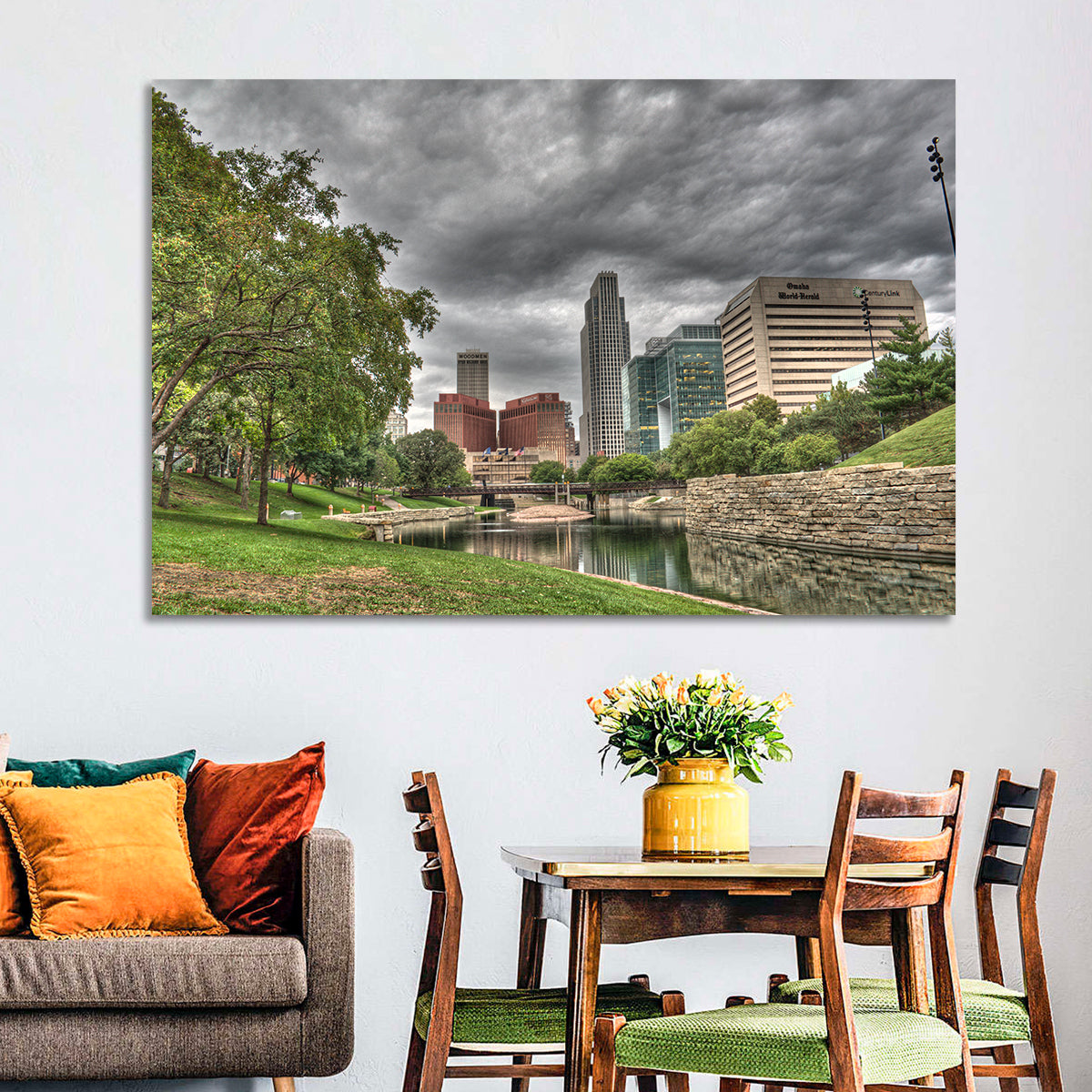 Omaha Skyline at Gene Leahy Mall Wall Art in a room, landscape