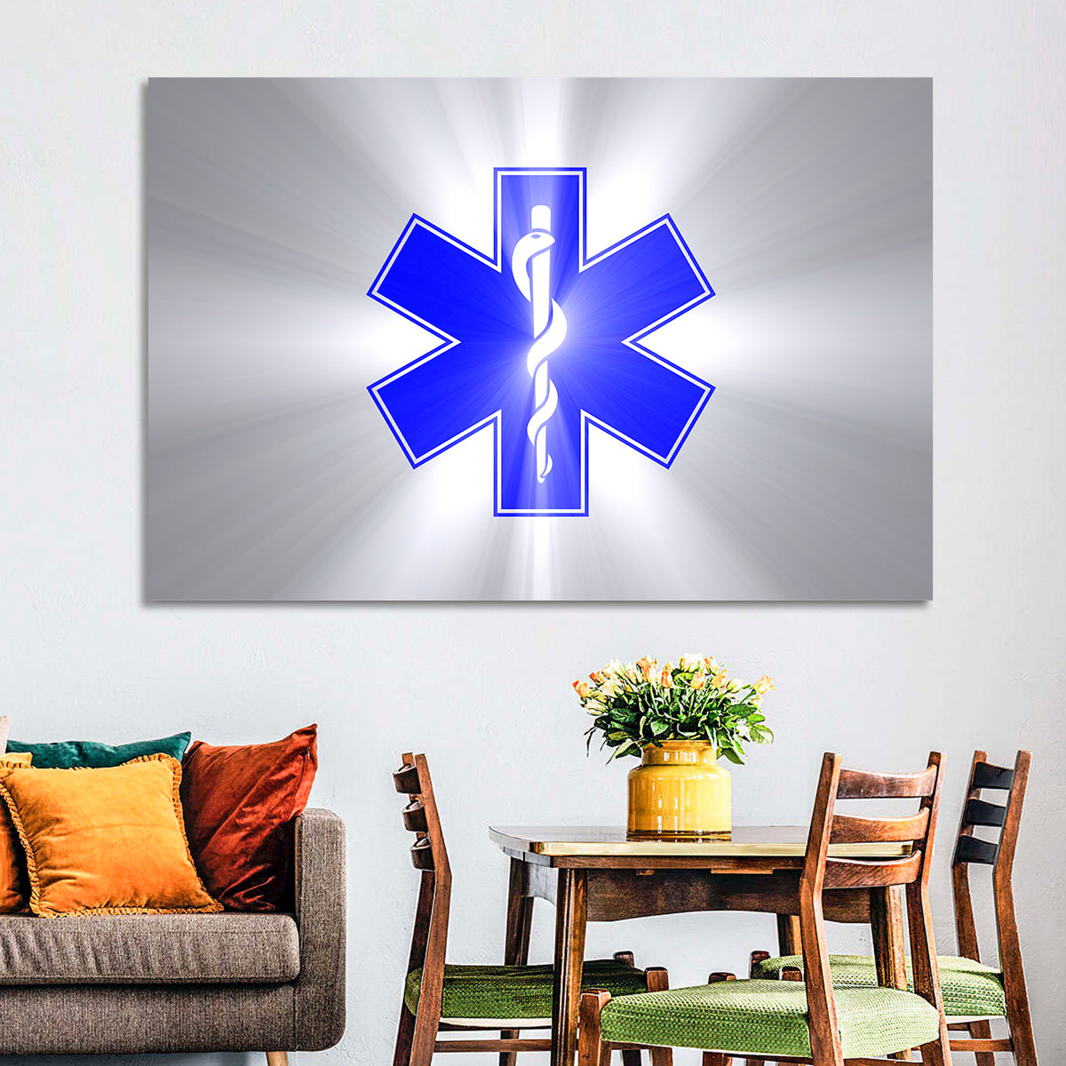 Star of Life with Rod of Asclepius Wall Art in a room, landscape