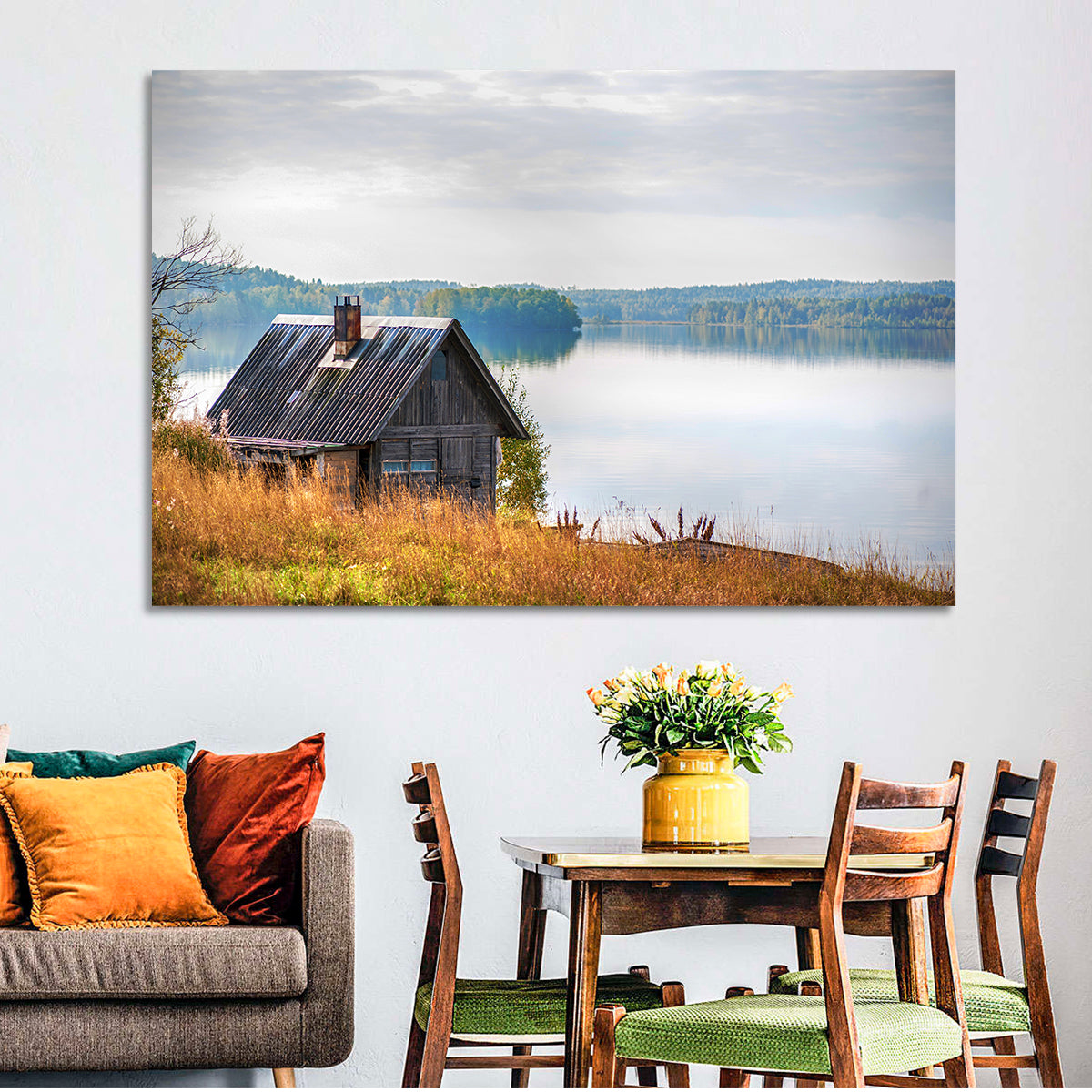 Salmon Lake Cabin Wall Art in a room, landscape