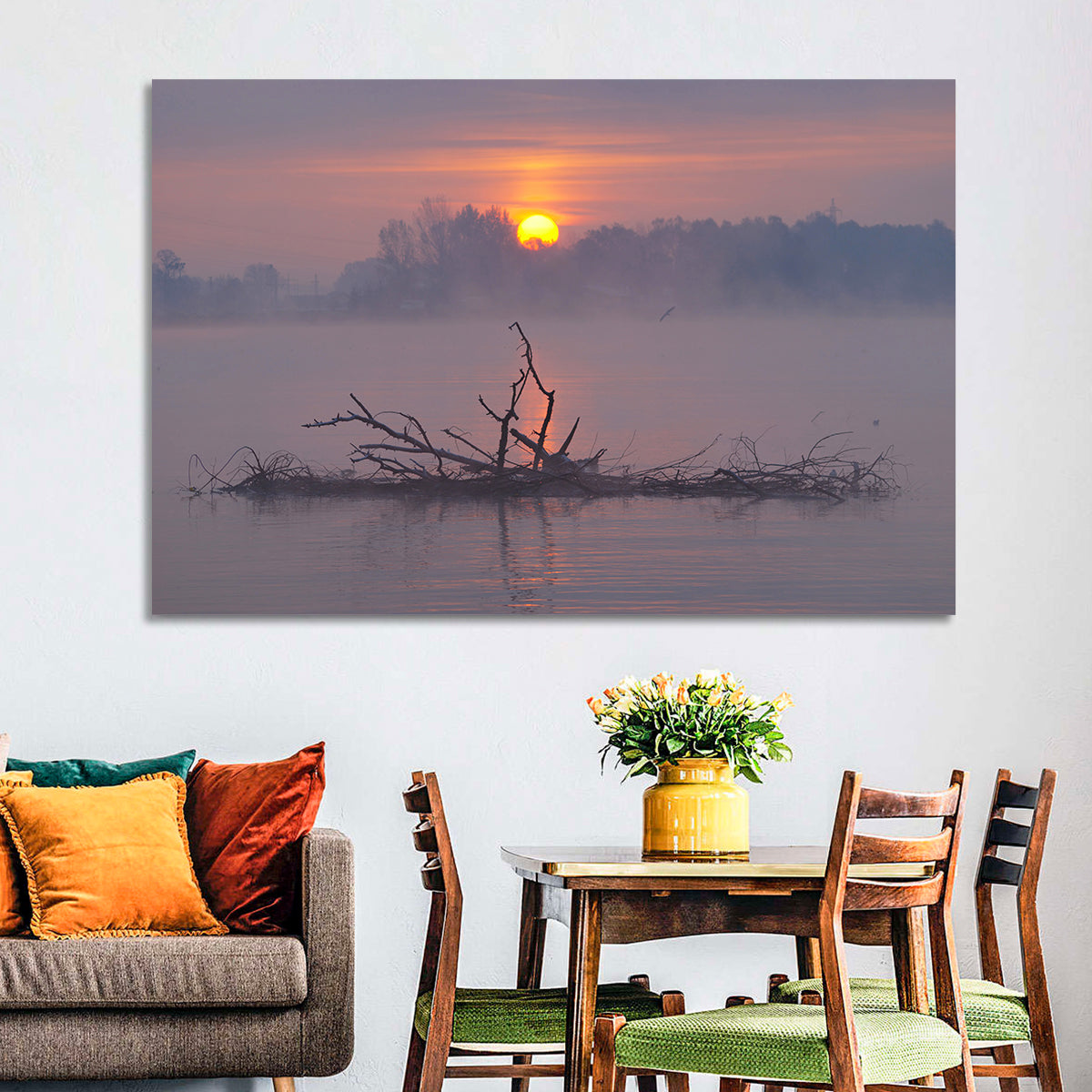 Misty Lake Sunrise with Fallen Tree Wall Art