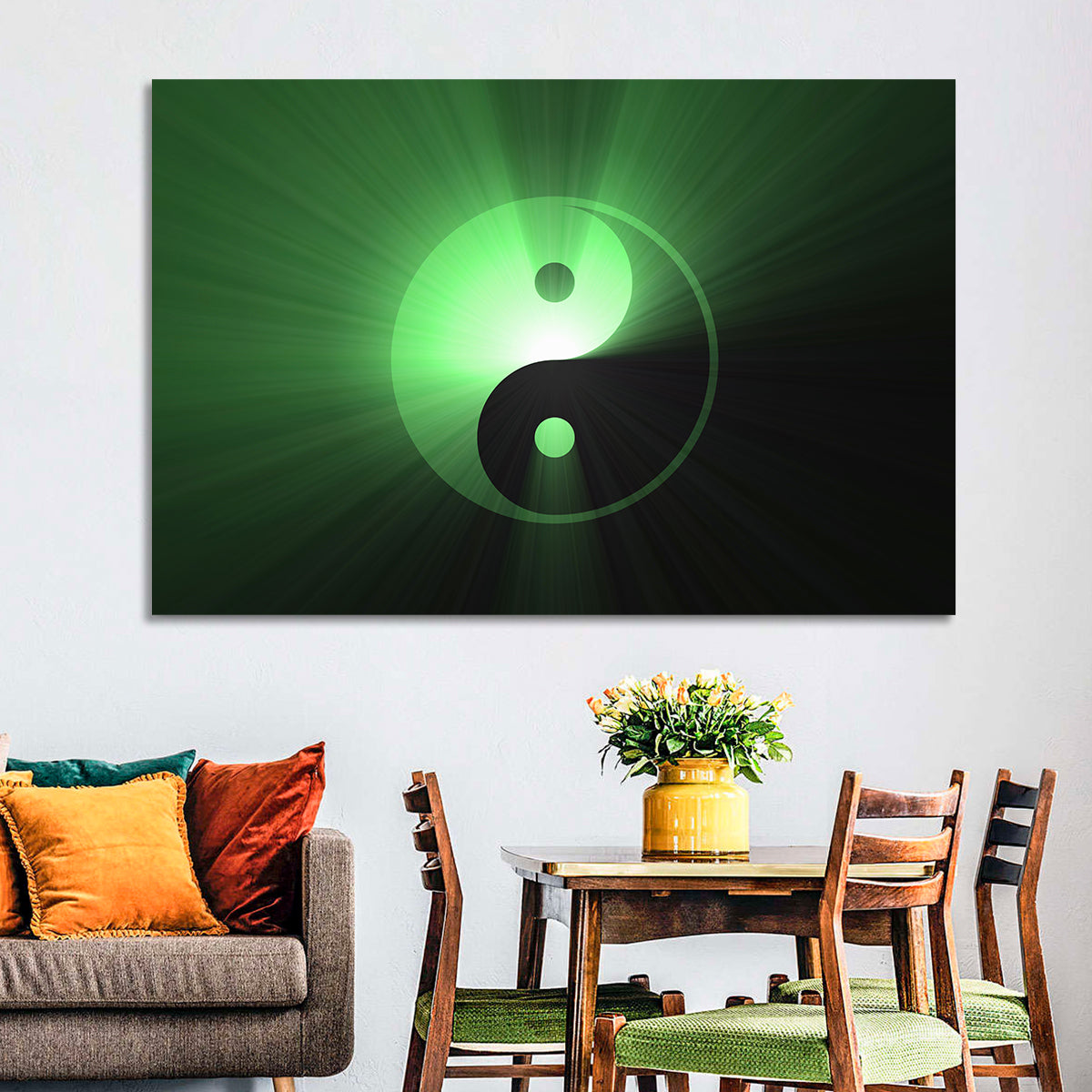 Green Glowing Yin Yang Wall Art in a room, landscape