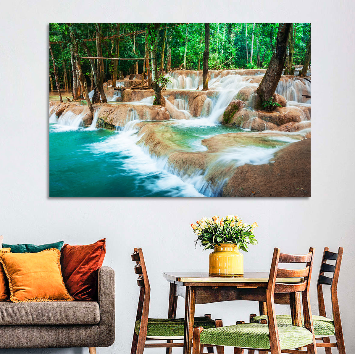 Kuang Si Waterfall Wall Art in a room, landscape