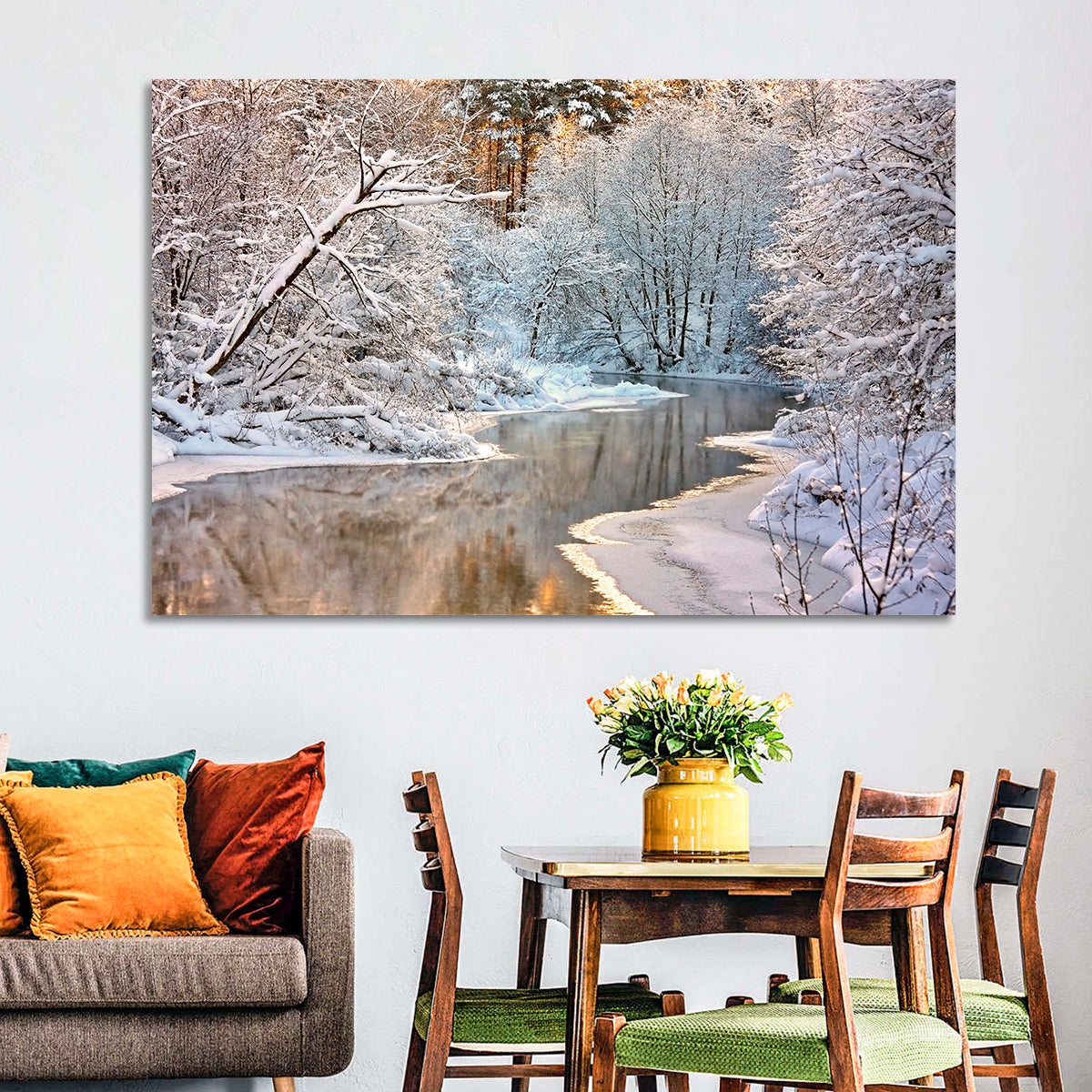 Snow-covered Stream at Golden Hour Wall Art