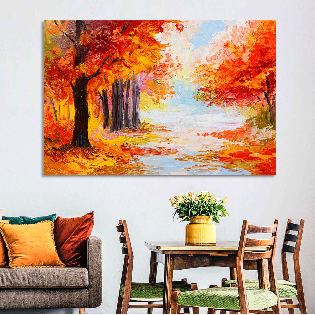 Autumn Forest Pathway Wall Art in a room, landscape
