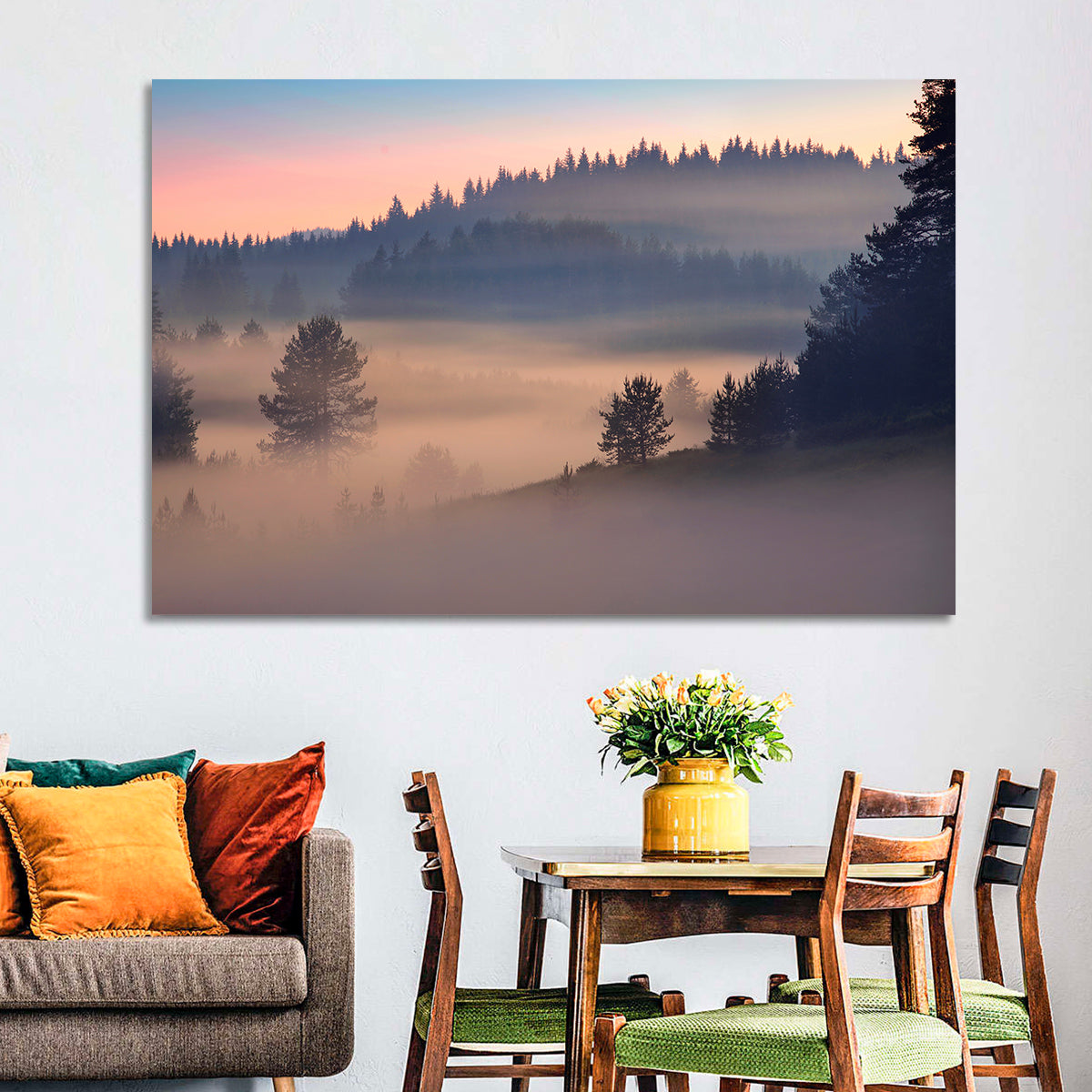 Misty Sunrise Forest Wall Art in a room, landscape