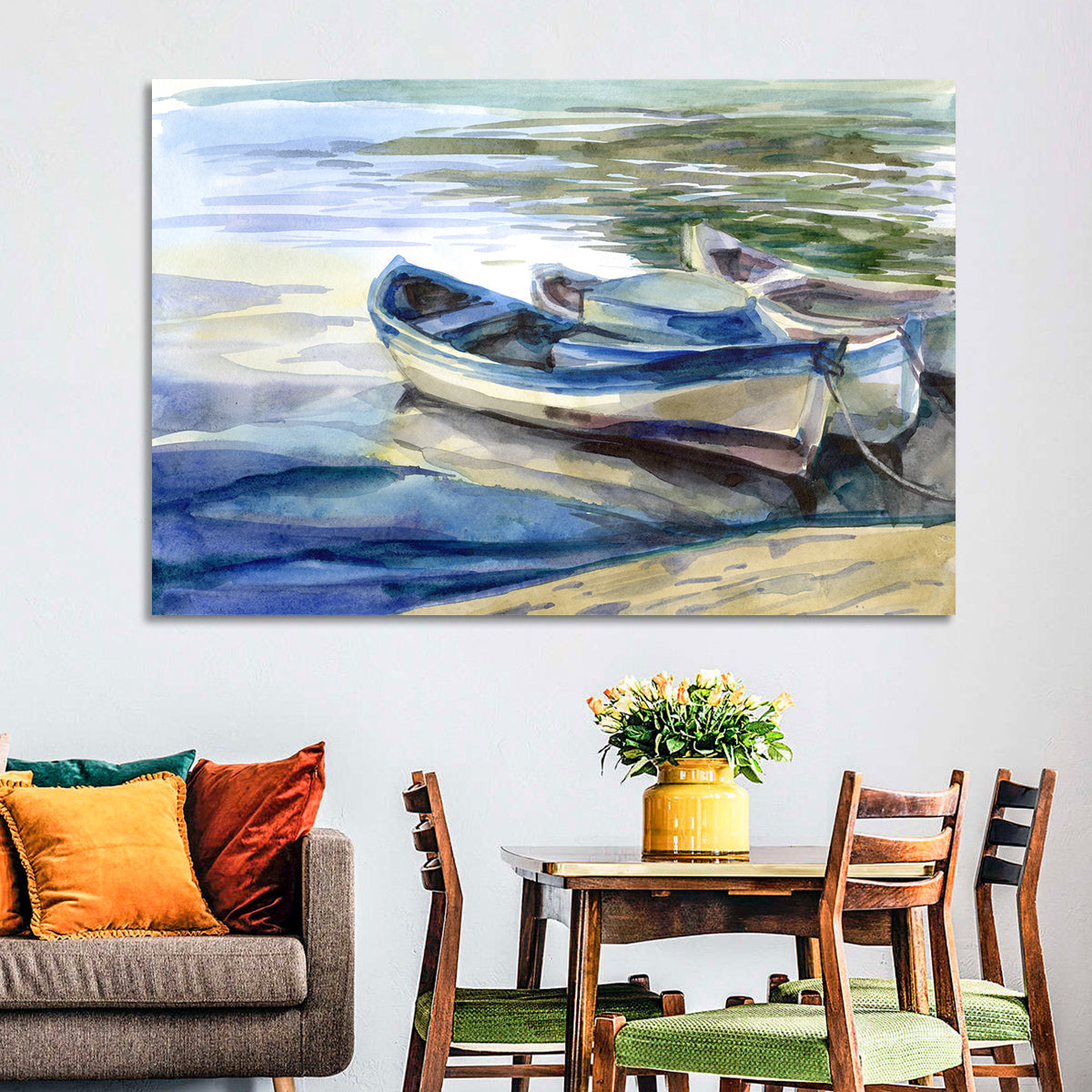 Watercolor Rowboats by the Shore Wall Art in a room, landscape