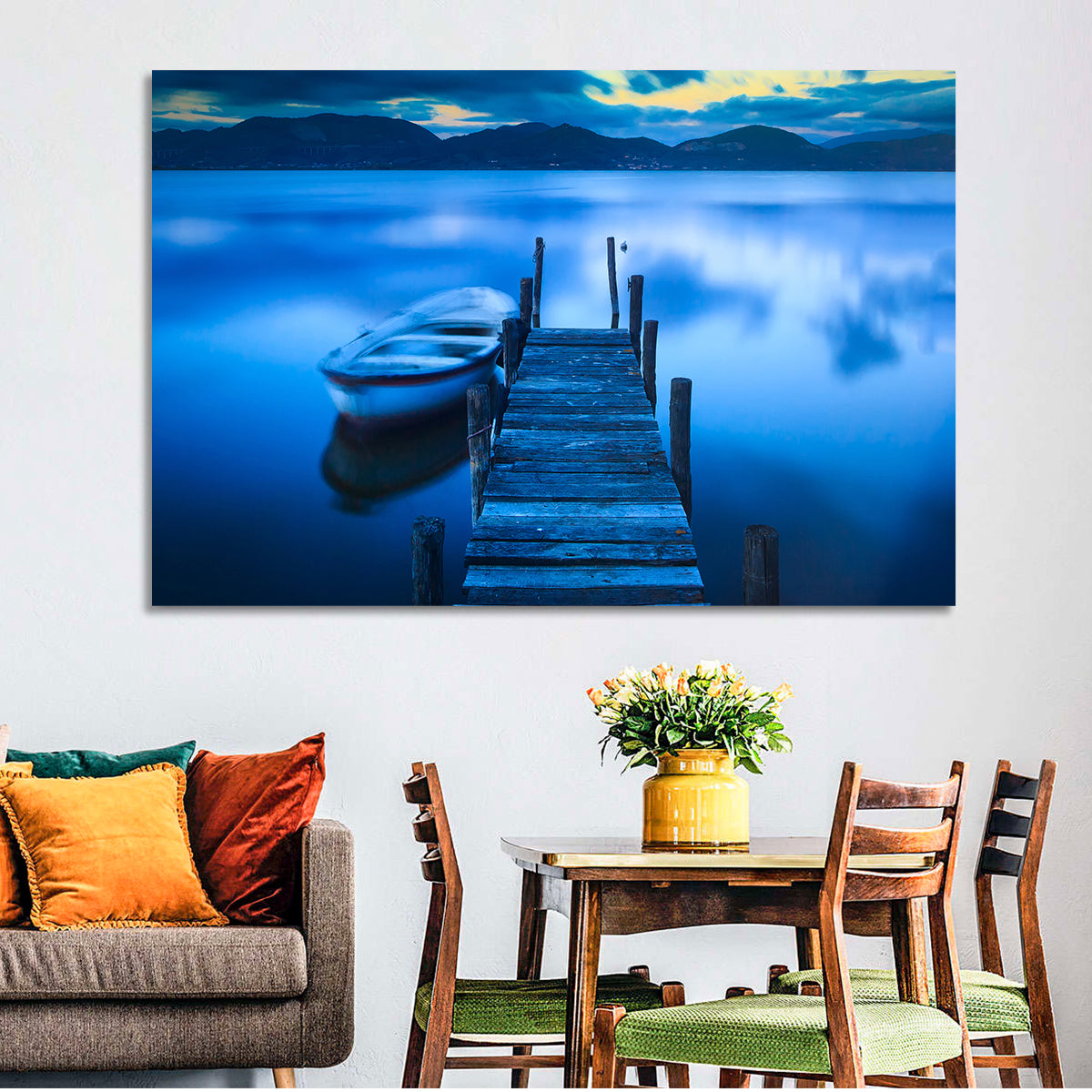 Boat and Wooden Pier Wall Art in a room, landscape