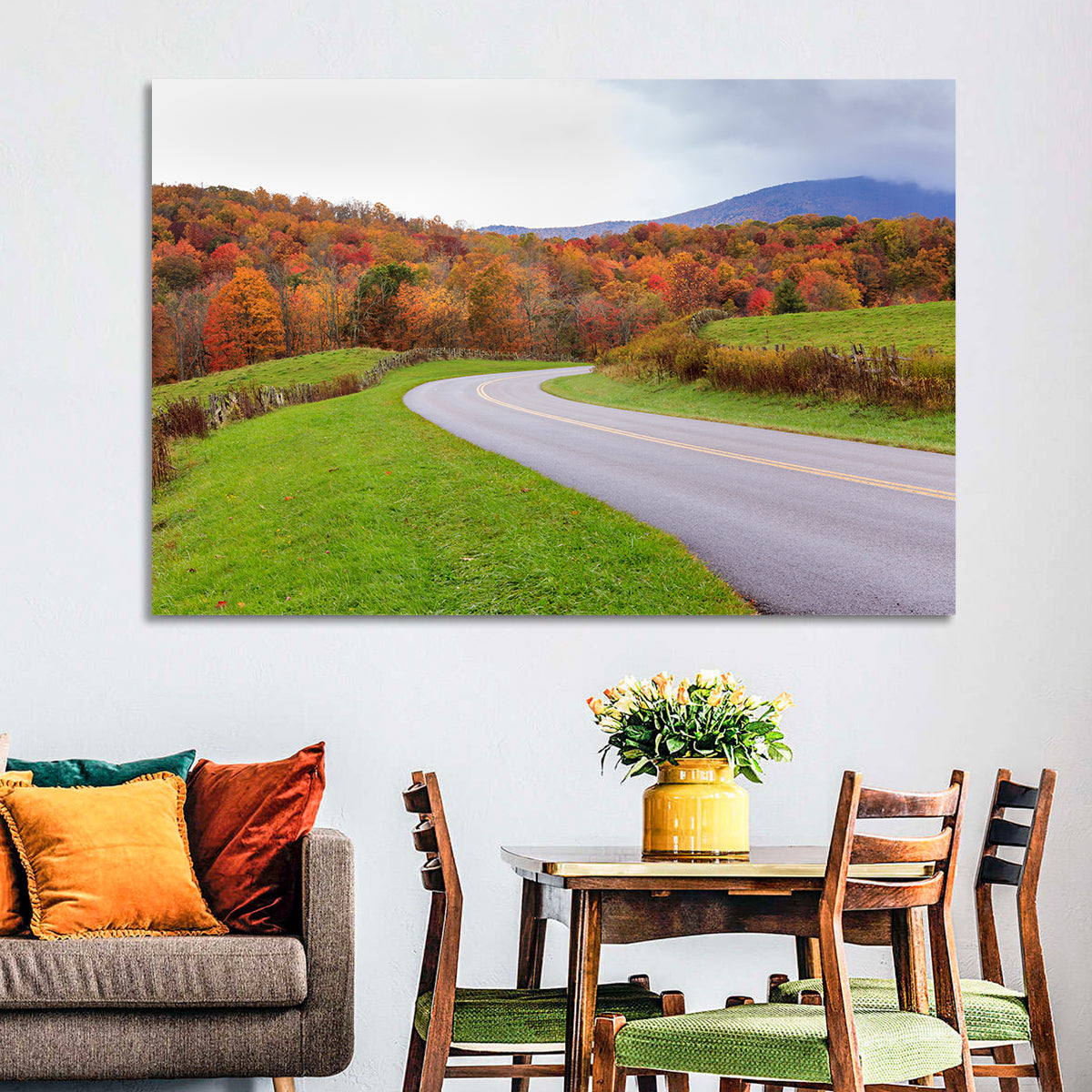 Curving Road Through Autumn Meadow Wall Art in a room, landscape