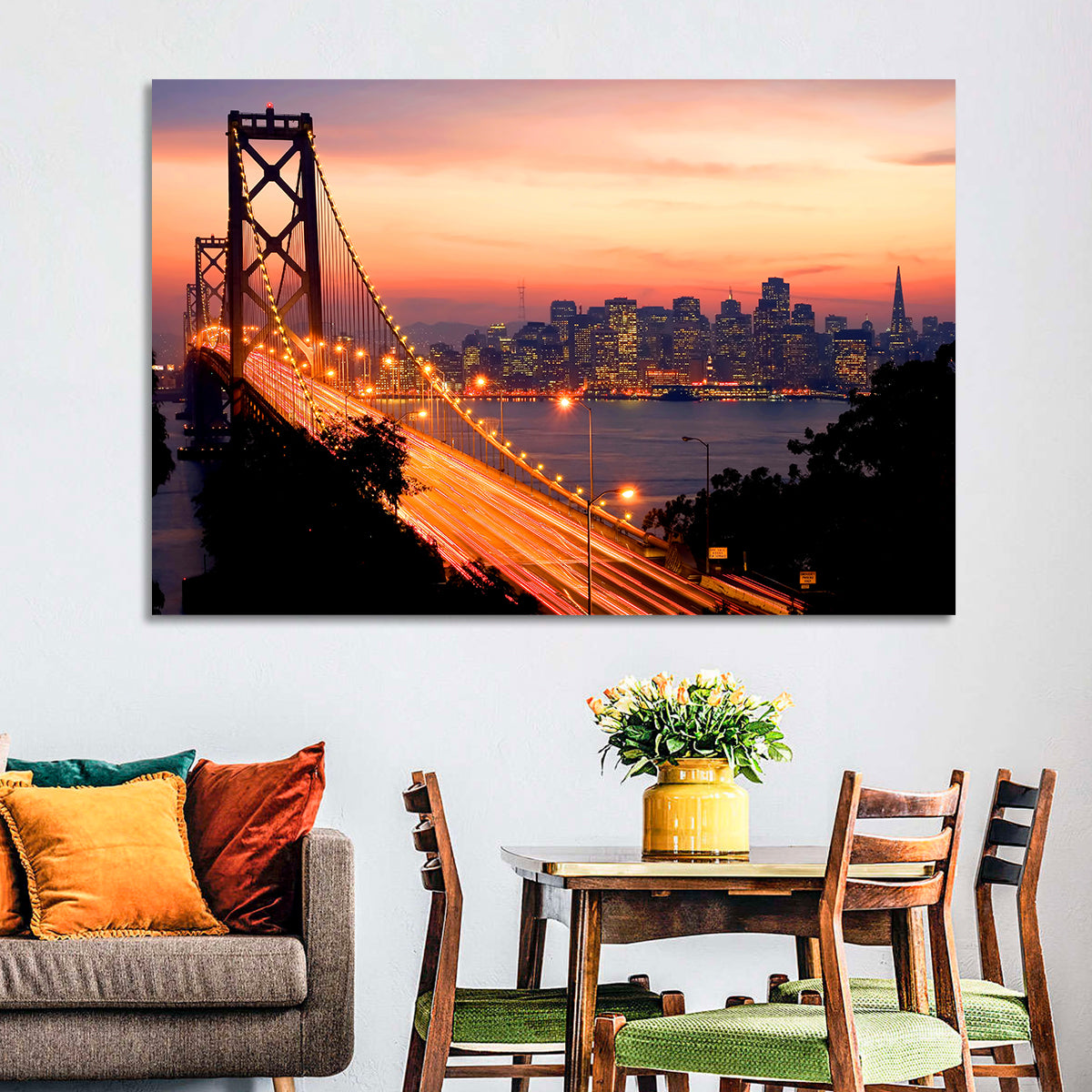 Bay Bridge Light Trails at Sunset Wall Art in a room, landscape