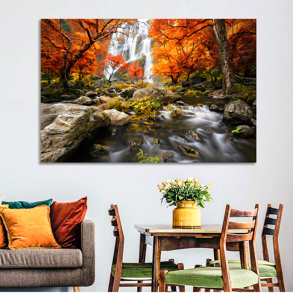 Autumn Forest Waterfall Wall Art in a room, landscape