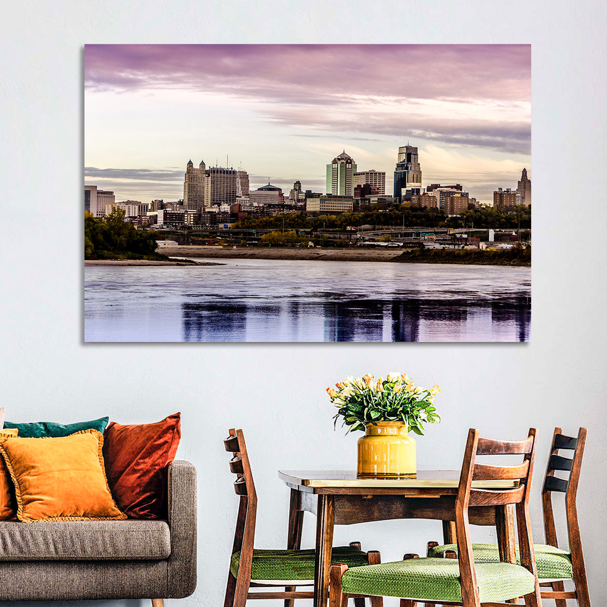 Kansas City Skyline at Dusk Wall Art in a room, landscape