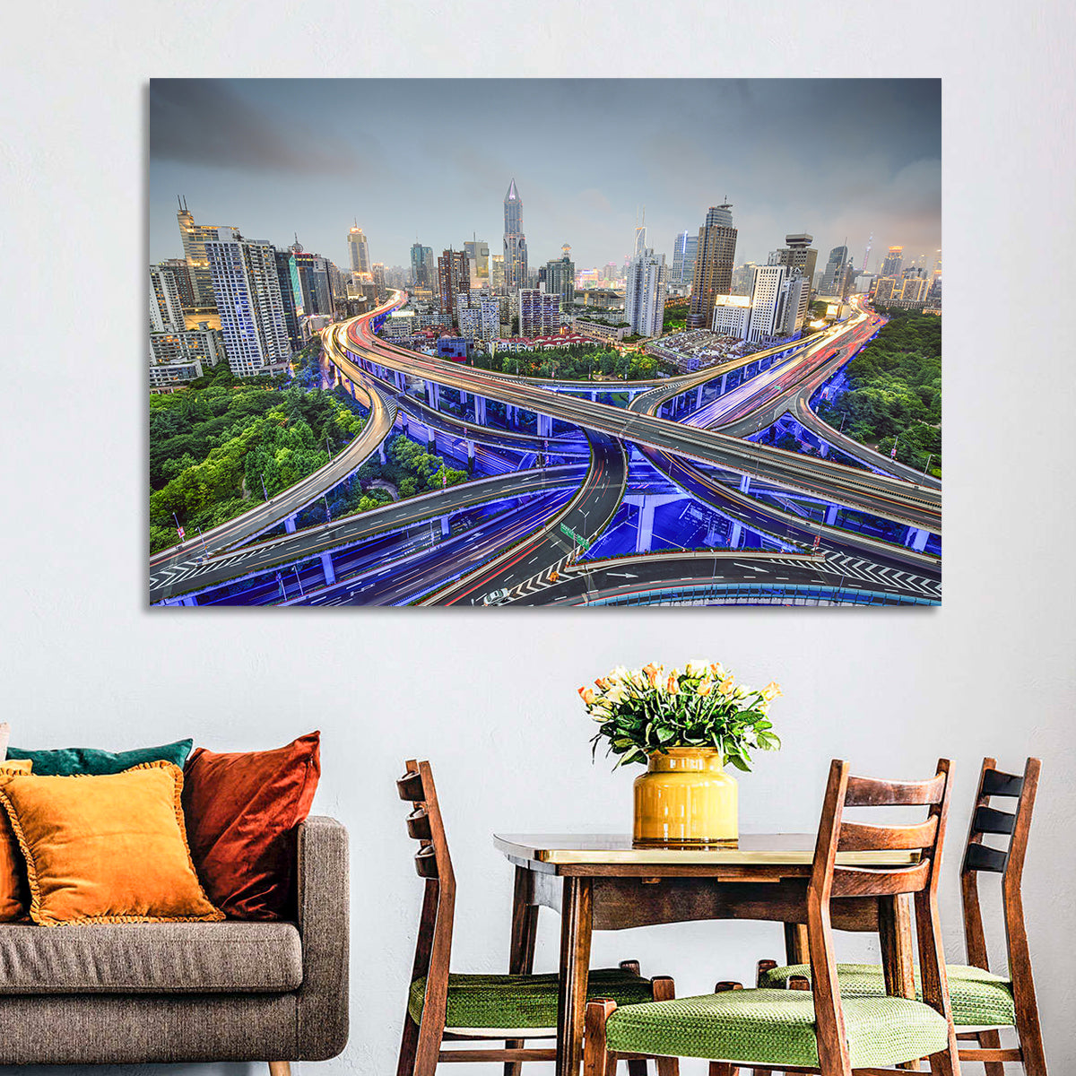 Shanghai Dusk Interchange Cityscape Wall Art in a room, landscape