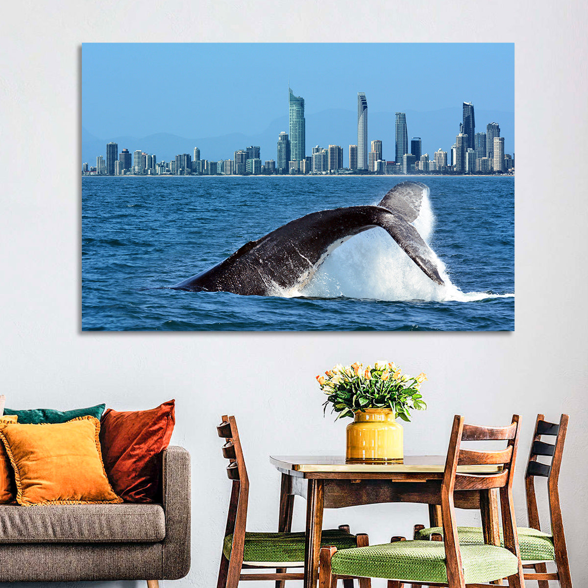 Gold Coast Whale and Skyline Wall Art in a room, landscape