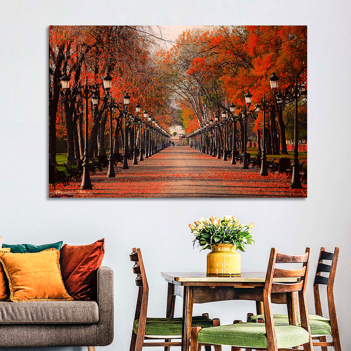 Autumn Park Path with Vintage Lampposts Wall Art in a room, landscape