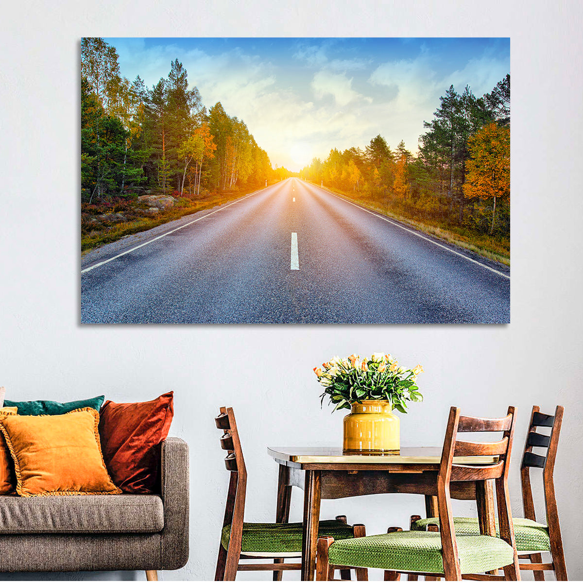 Sunlit Autumn Forest Road Wall Art