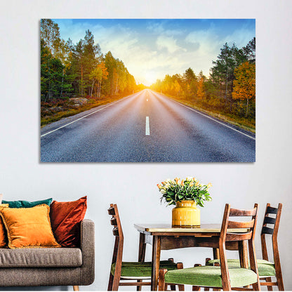 Sunlit Autumn Forest Road Wall Art
