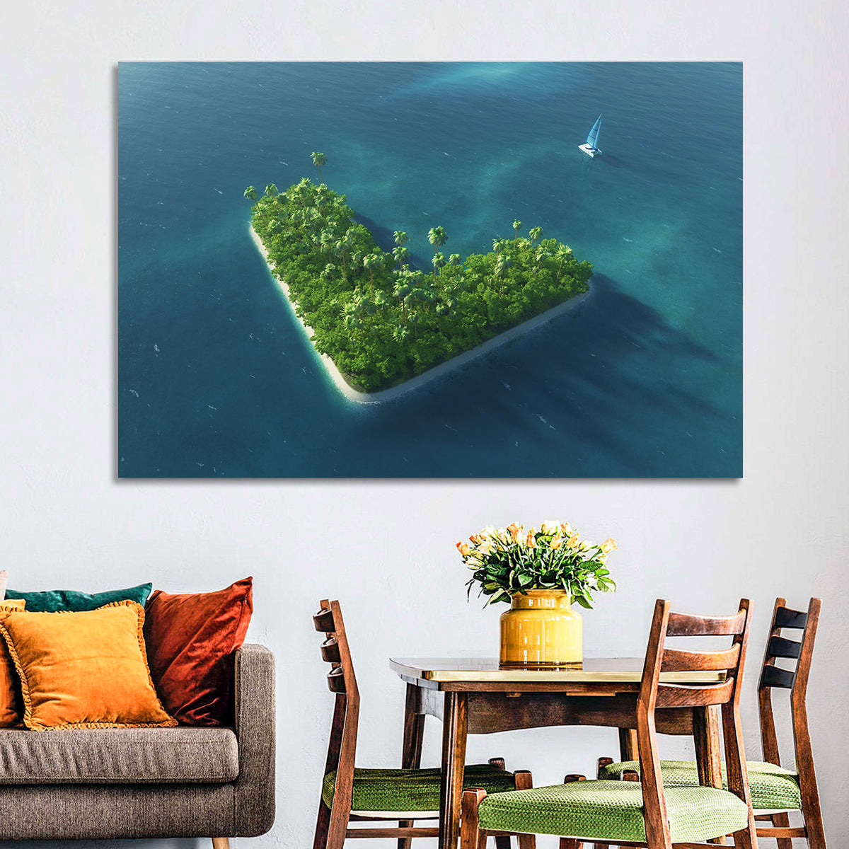 V-shaped Tropical Island with Distant Catamaran Wall Art
