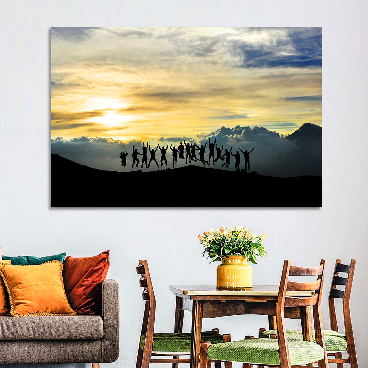 Golden Team Silhouettes at Sunset Wall Art in a room, landscape