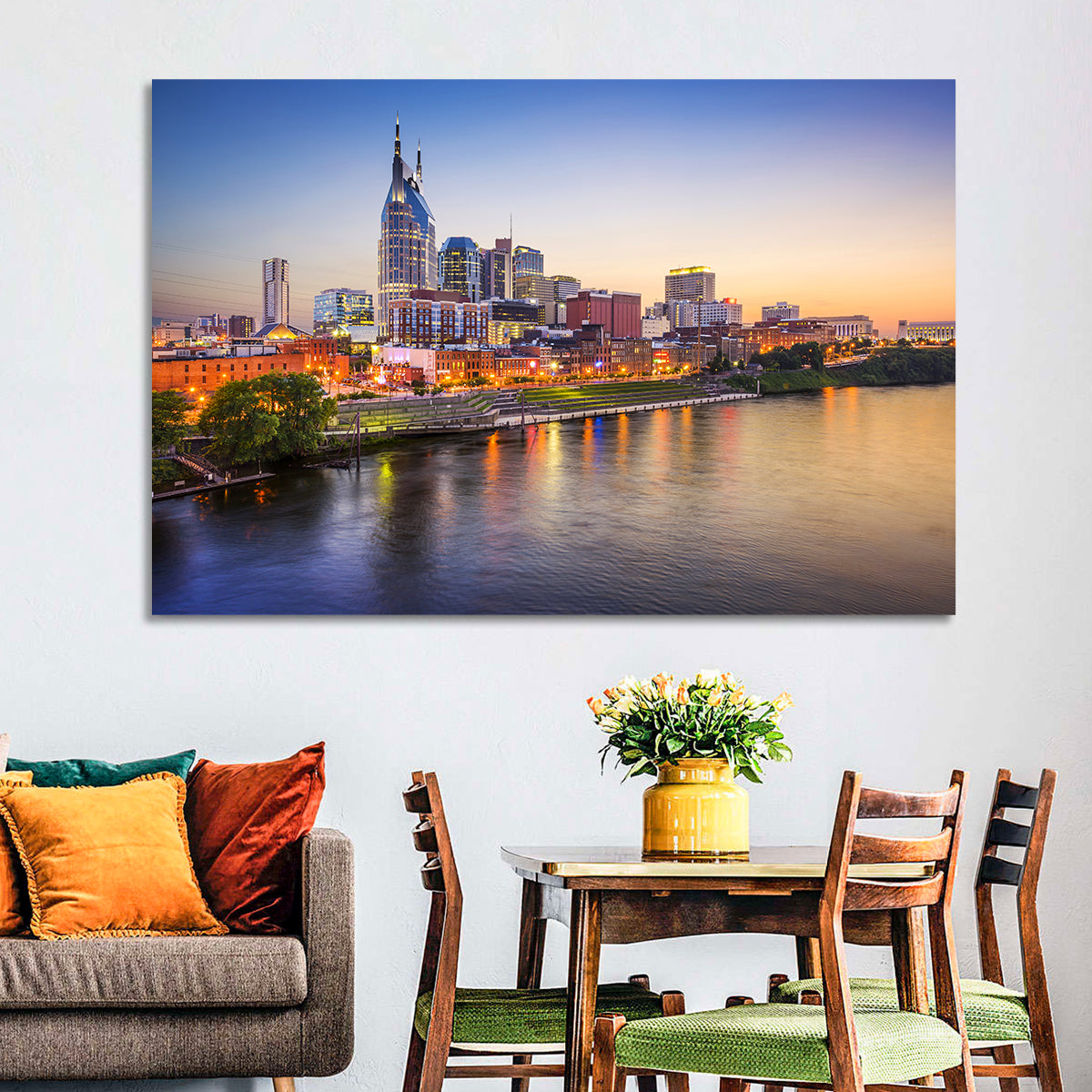Nashville Skyline Over the Cumberland River Wall Art in a room, landscape