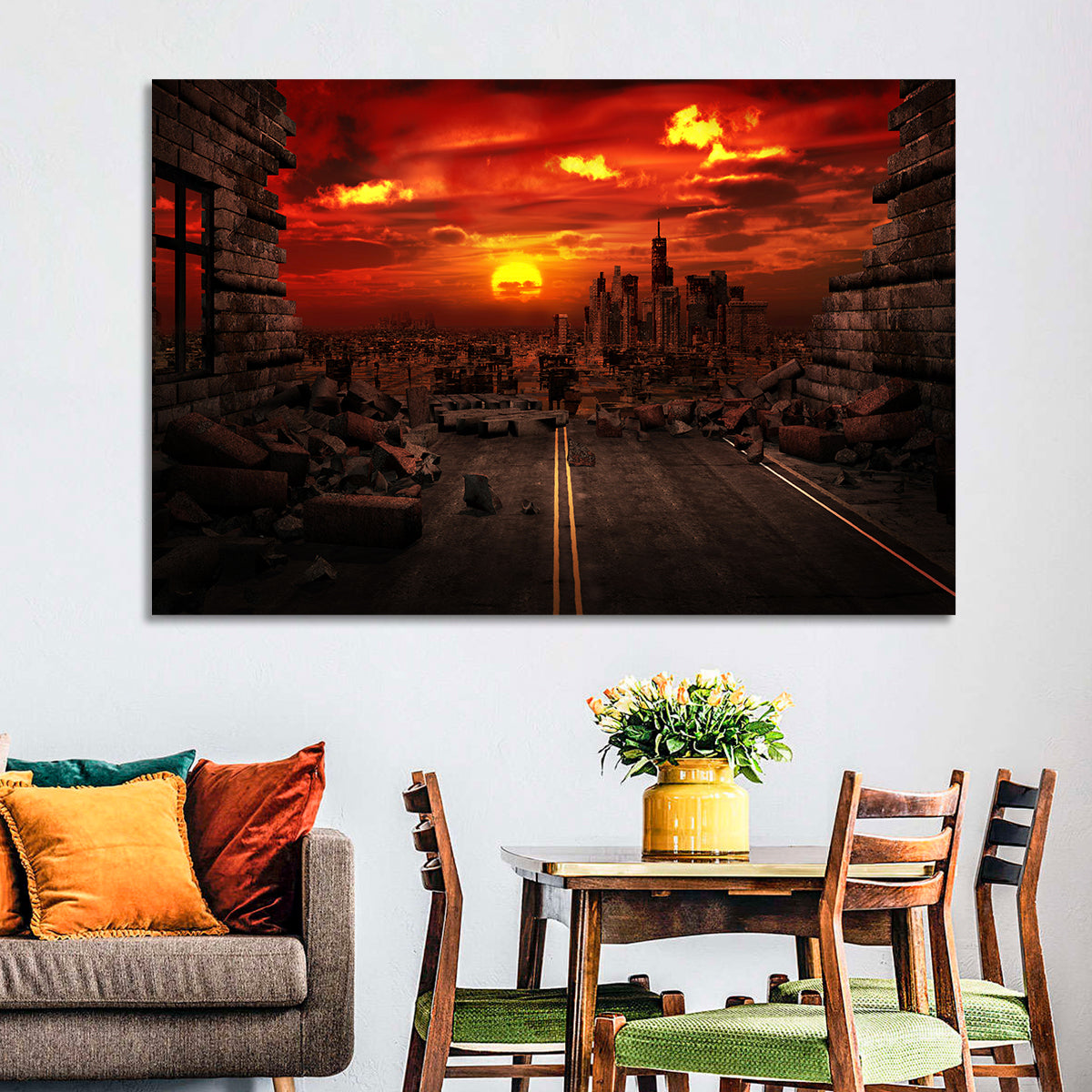 Apocalyptic Sunset Wall Art in a room, landscape