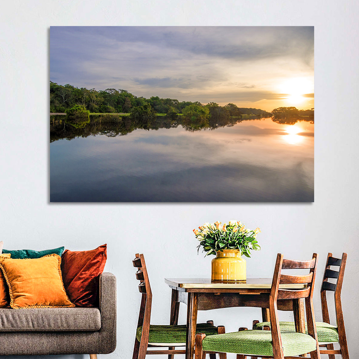 Amazon River Sunset Reflection Wall Art in a room, landscape
