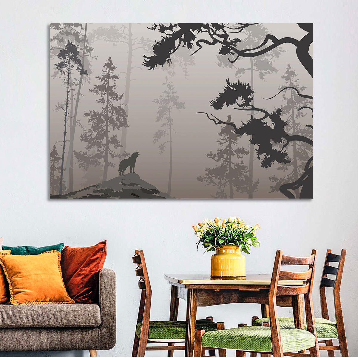 Howling Wolf in Misty Forest Wall Art in a room, landscape