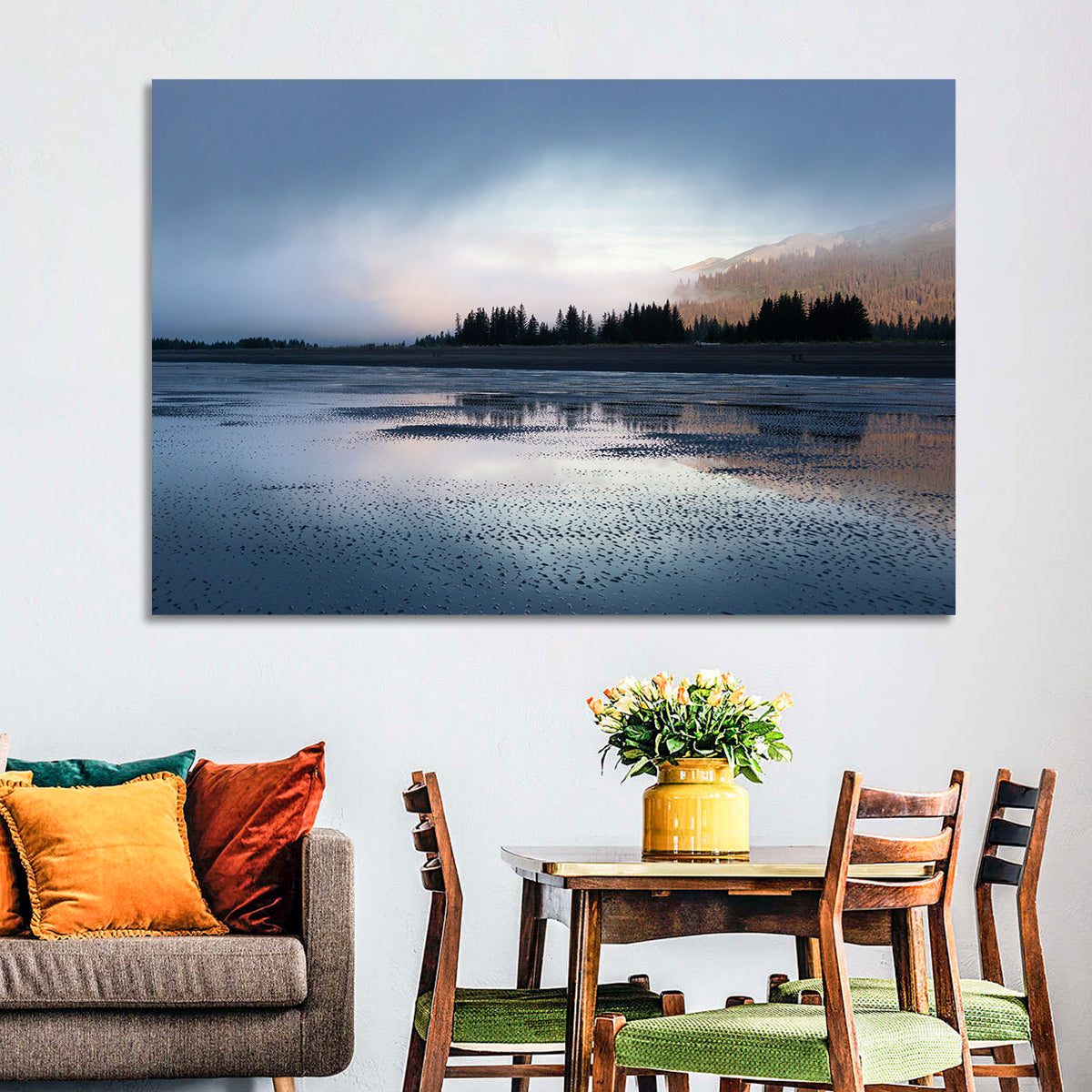 Lake Clark Foggy Shoreline Wall Art in a room, landscape