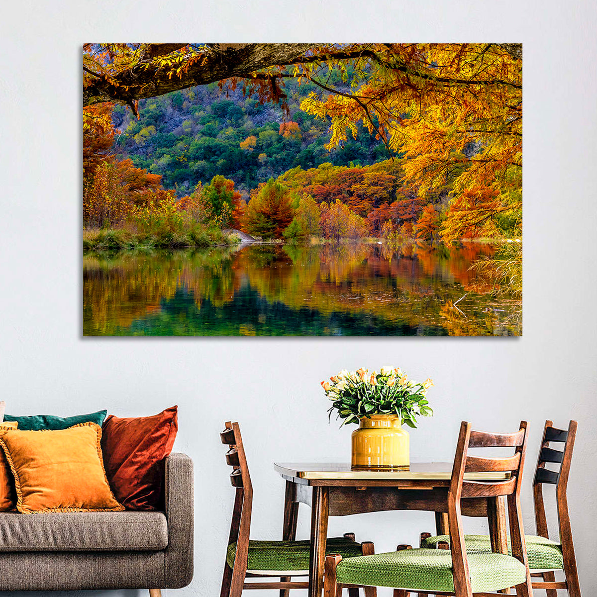 Frio River Autumn Reflection Wall Art in a room, landscape