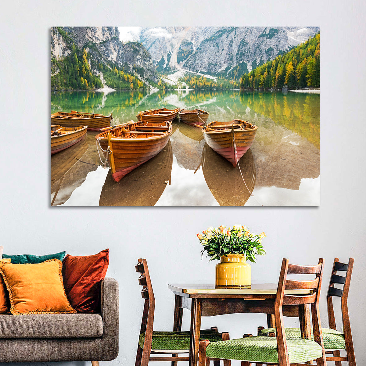 Rowboats on Lake Braies Wall Art in a room, landscape