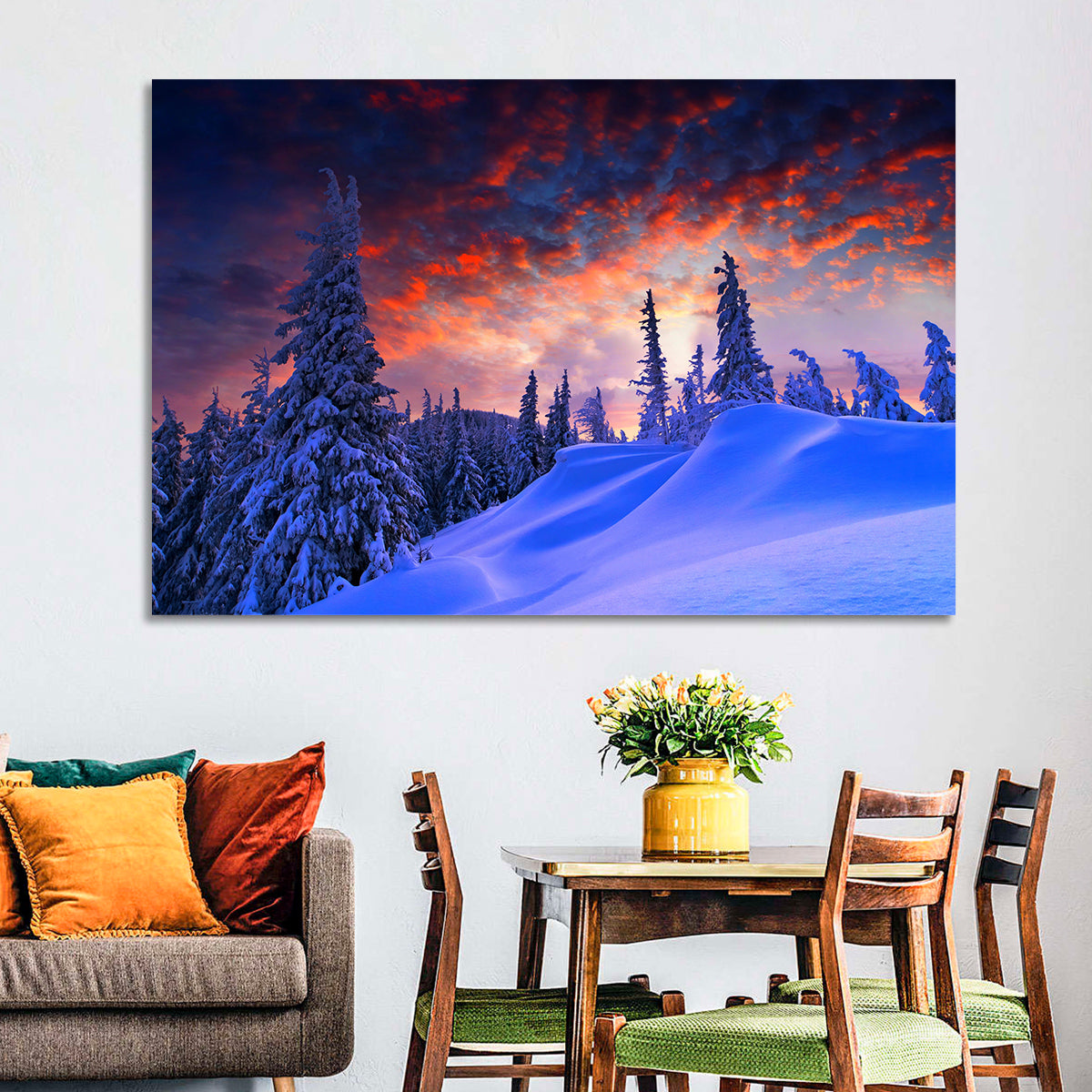 Snow-covered Mountain Sunset Wall Art in a room, landscape