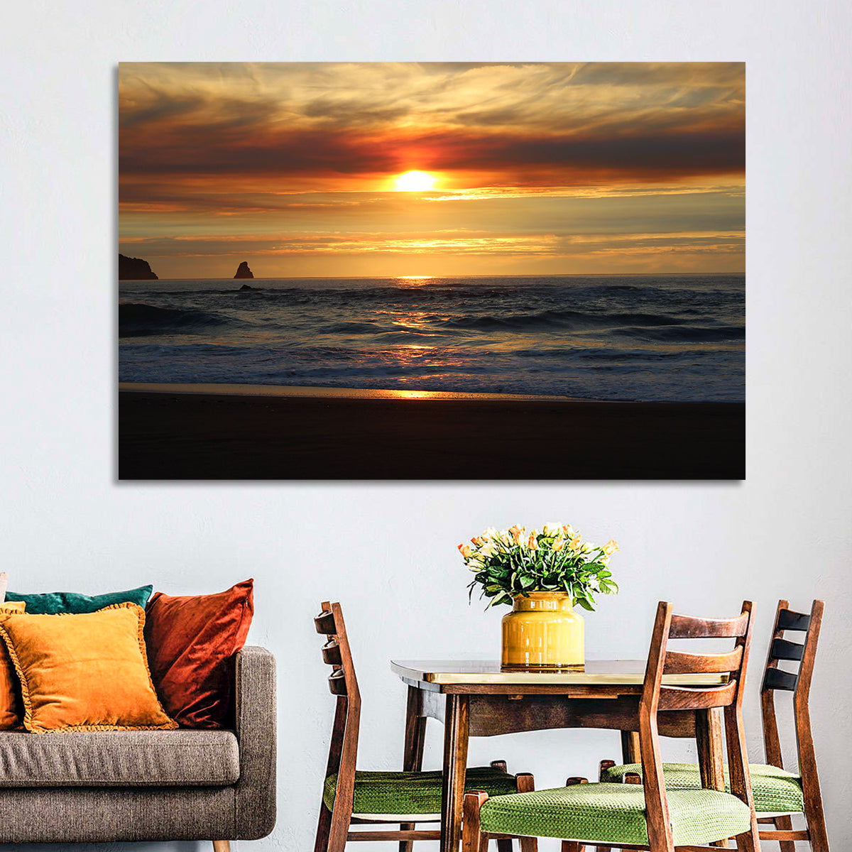 Oregon Sea Stack Sunset Wall Art in a room, landscape
