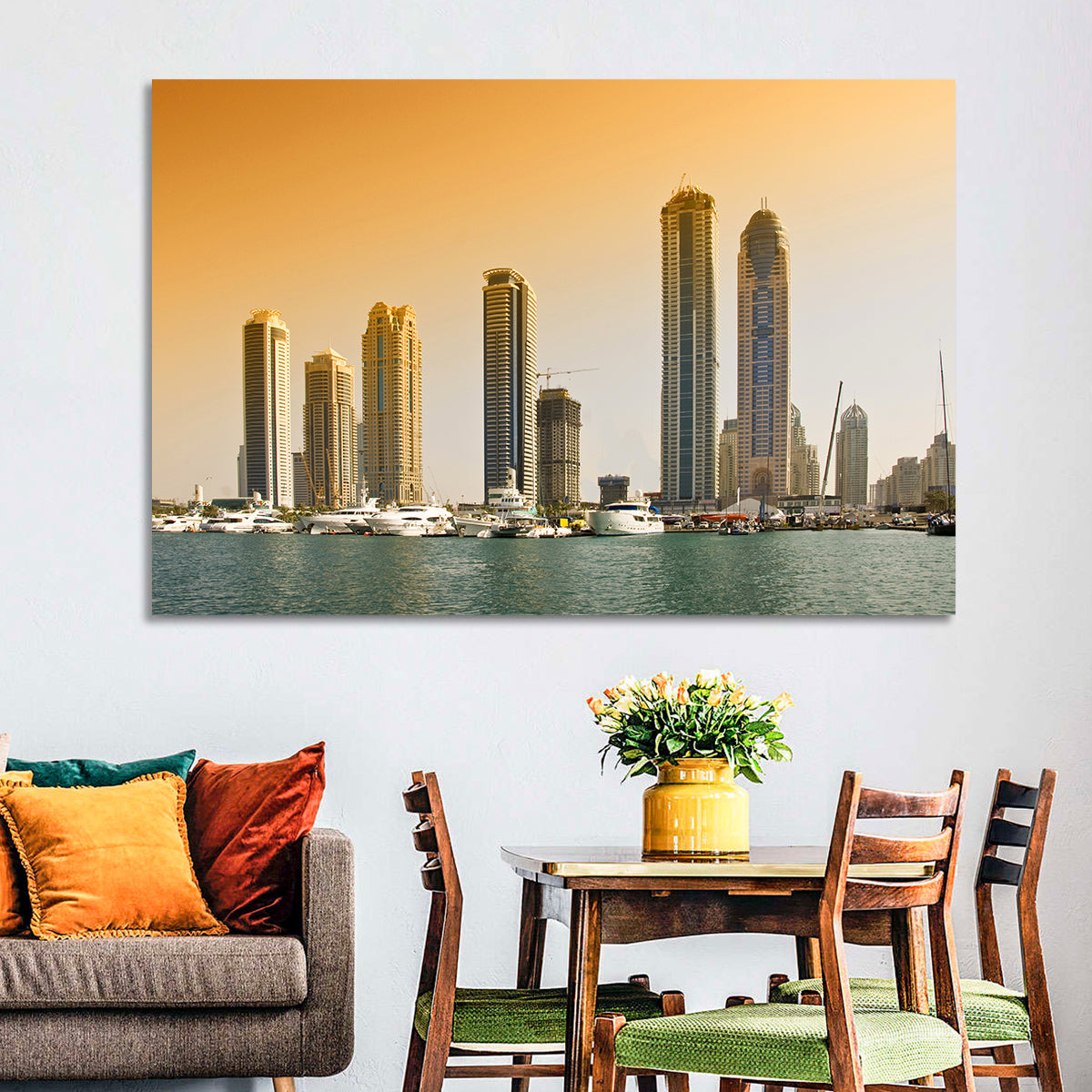 Dubai Marina Sunset Skyline with Yachts Wall Art in a room, landscape