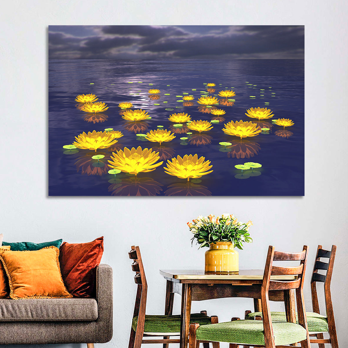 Floating Lotus at Dusk Wall Art in a room, landscape