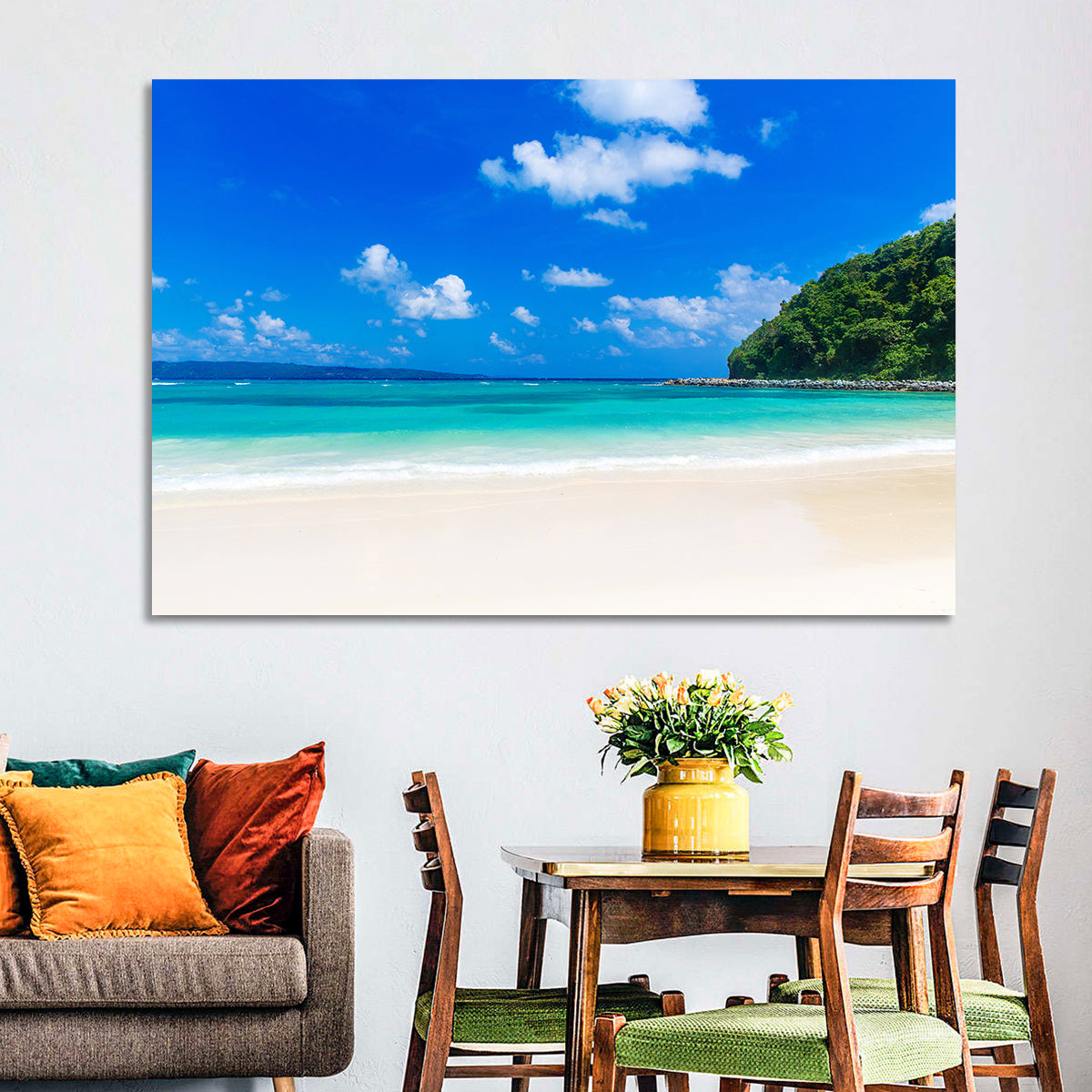 Turquoise Tropical Beach Scene Wall Art in a room, landscape