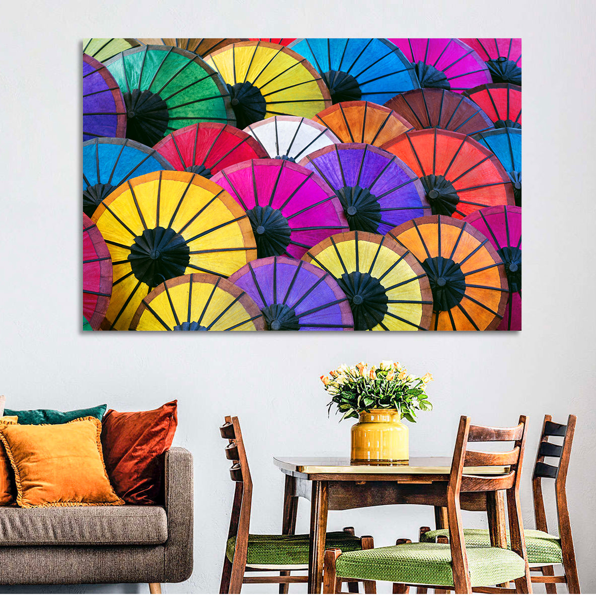 Vibrant Market Parasols Wall Art in a room, landscape