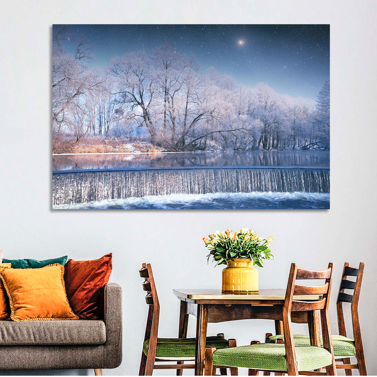 Starlit Winter Waterfall Wall Art in a room, landscape