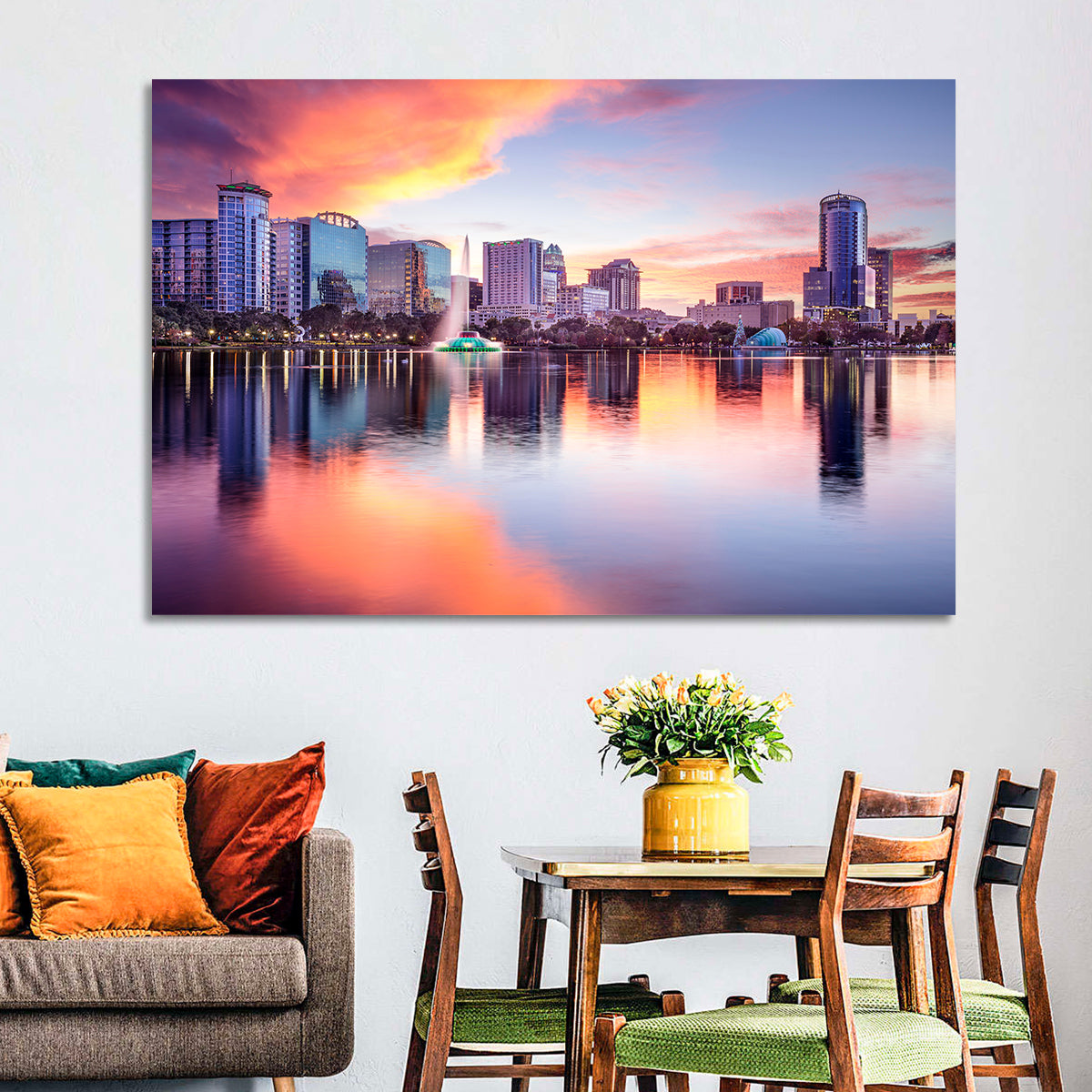 Lake Eola Sunset Orlando Wall Art in a room, landscape