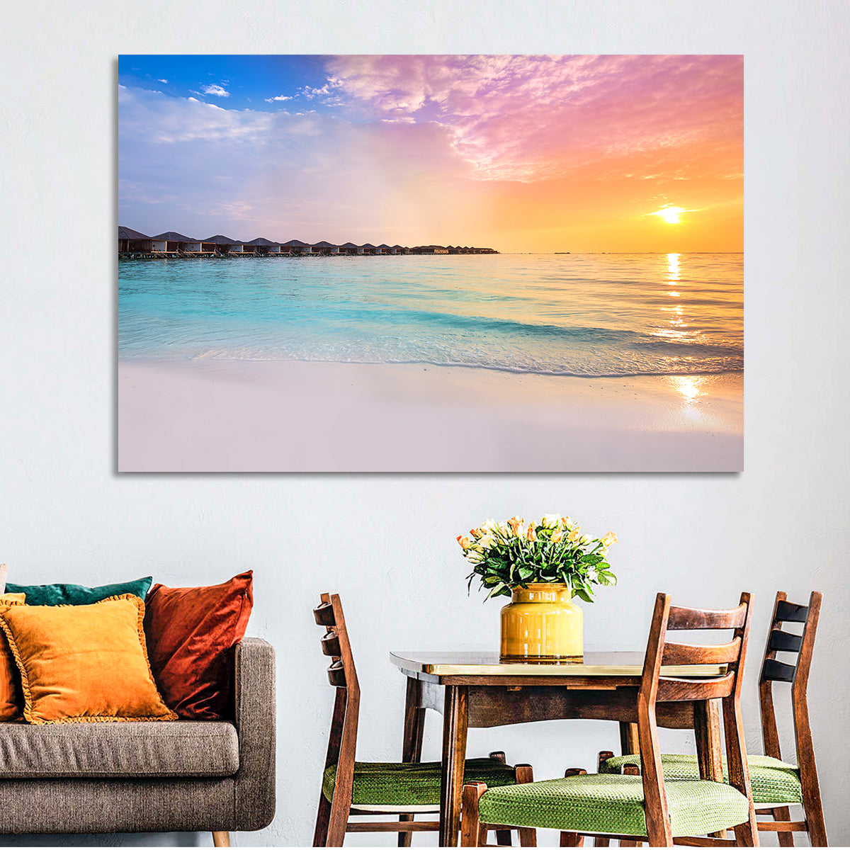 Overwater Bungalows at Sunset Wall Art in a room, landscape