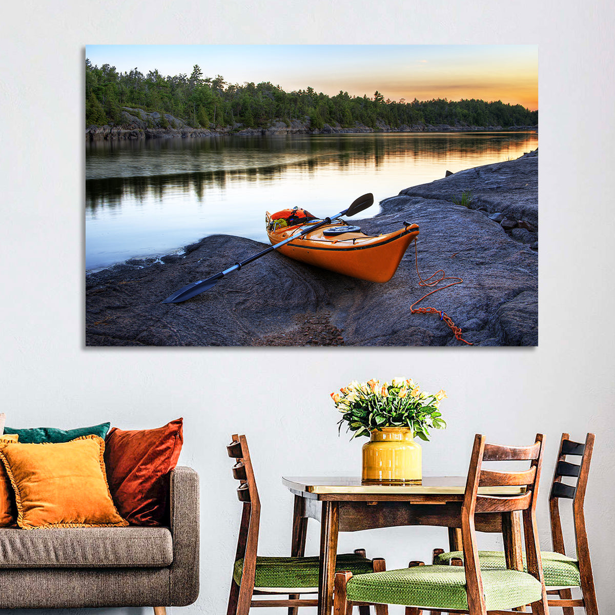 Orange Kayak on Rocky Shore Wall Art