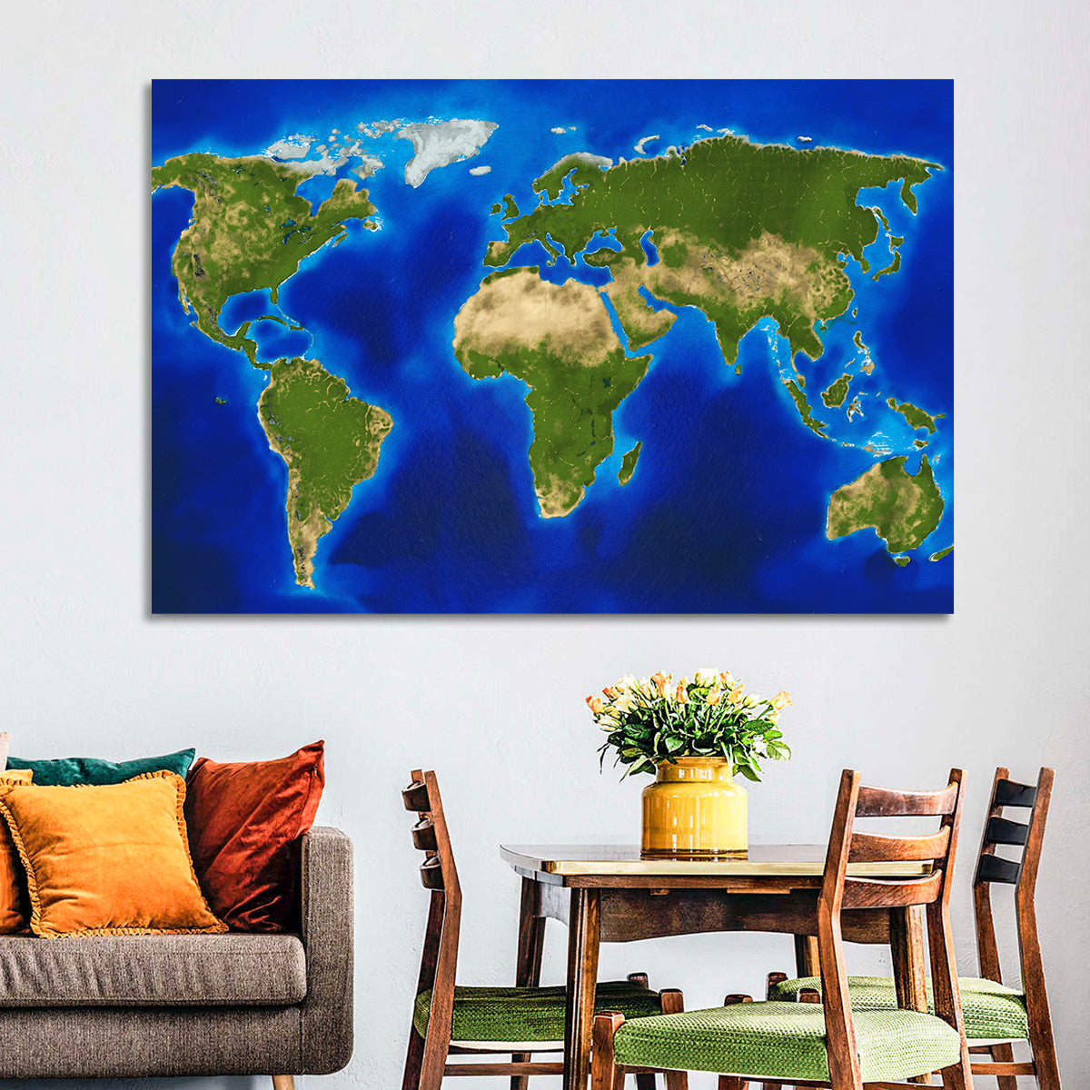 Satellite-style Blue World Map Wall Art in a room, landscape